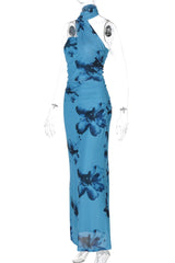 Blue Floral Halter Fitted Long Dress