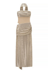 Blue Sequin Strapless Ruched Long Dress with Scarf