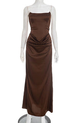 Brown Strapless Fitted Draped Long Dress