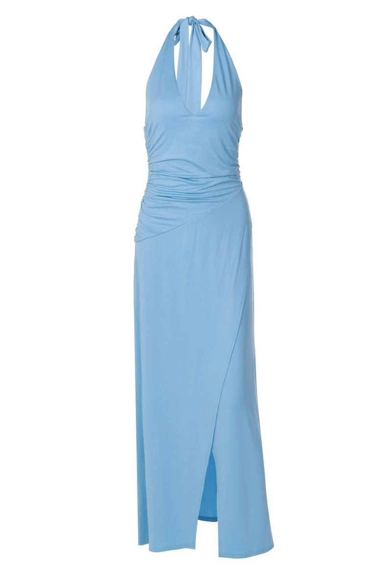 Blue Halter Tie Slit Long Dress