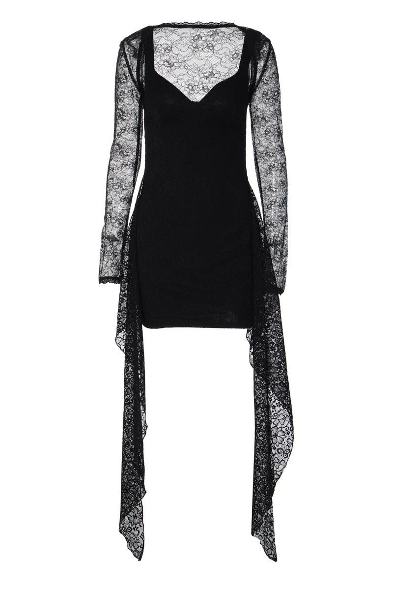 Black Long-sleeve Lace Print Mini Dress