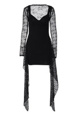 Black Long-sleeve Lace Print Mini Dress