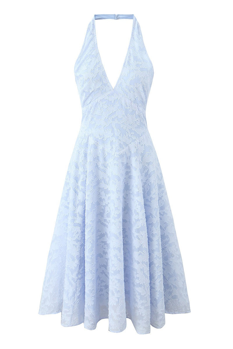 Blue Jacquard Halter V-Neck A-Line Long Dress