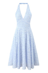 Blue Jacquard Halter V-Neck A-Line Long Dress