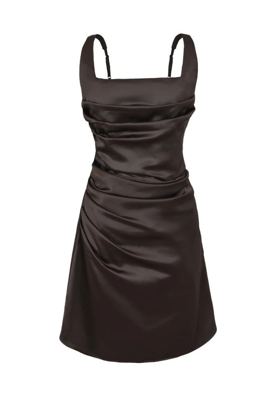 Brown Satin Square Neck A-Line Mini Dress