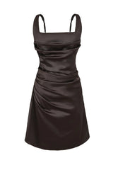 Brown Satin Square Neck A-Line Mini Dress