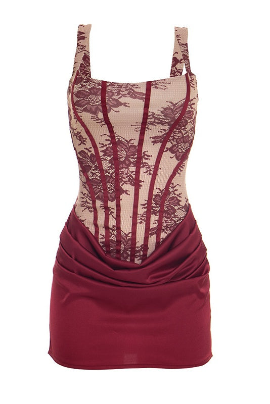 Burgundy Satin Floral Bodycon Mini Dress