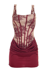 Burgundy Satin Floral Bodycon Mini Dress