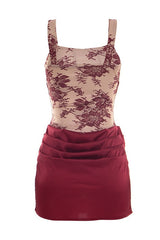 Burgundy Satin Floral Bodycon Mini Dress