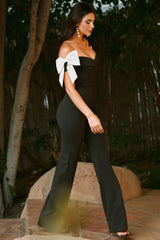 Symphony Jumpsuits- Fabric Contrast Off The Shoulder Jumpsuit