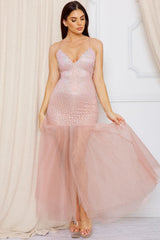 Sequin With Mesh Bottom Maxi Dress