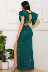 Sequin Ruffle Sleeve Maxi Dress