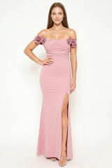 Flower On Sleeve Off The Shoulder Maxi Dress