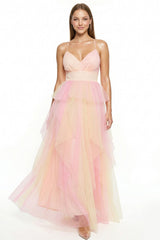 Two Tone Mesh Ruffle Maxi Dress