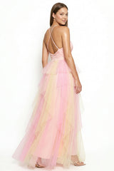 Two Tone Mesh Ruffle Maxi Dress
