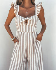 Beige Striped Wide Leg Jumpsuit