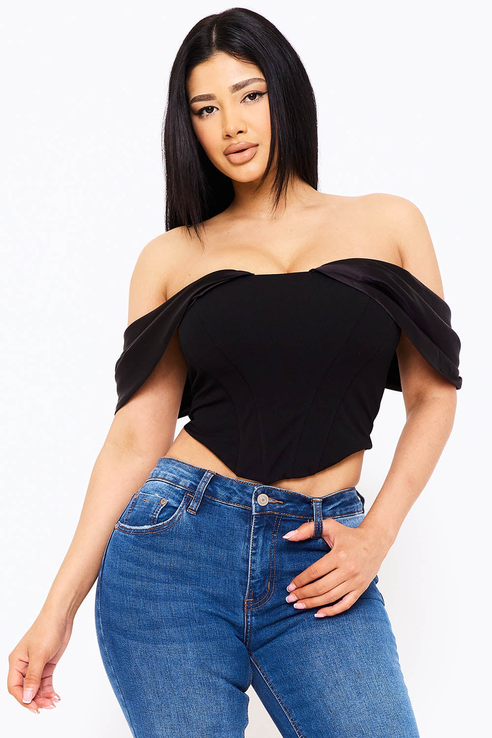 Symphony Top - Fabric Contrast Draped Off The Shoulder Top