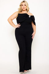 Plus Size Night Out Jumpsuit - Glitter Techno Crepe Large Bow Front Night Out Plus Size Jumpsuit