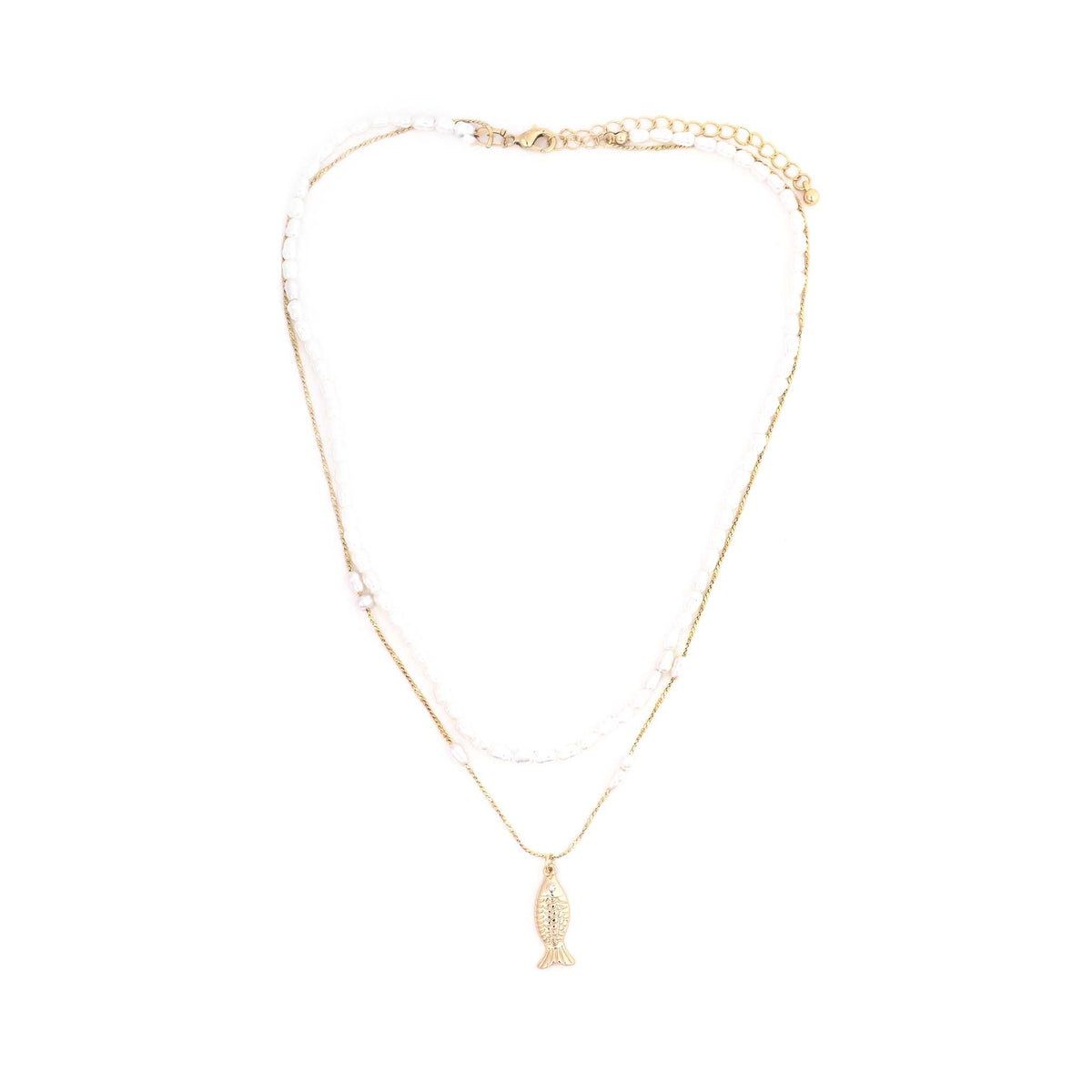Fish Charm Pearl and Gold Layered Necklace