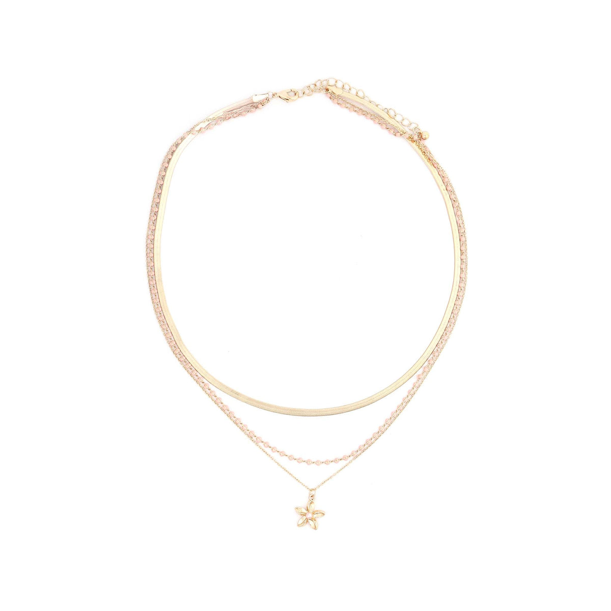 Pink Beaded Flower 3-Layer Gold Necklace