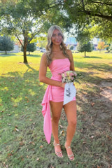 Candy Pink Ruched Short Satin Dress with Train