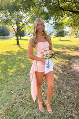 Candy Pink Ruched Short Satin Dress with Train