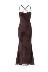 Brown Embroidered Fitted Straps Dress
