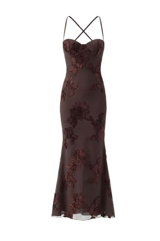 Brown Embroidered Fitted Straps Dress