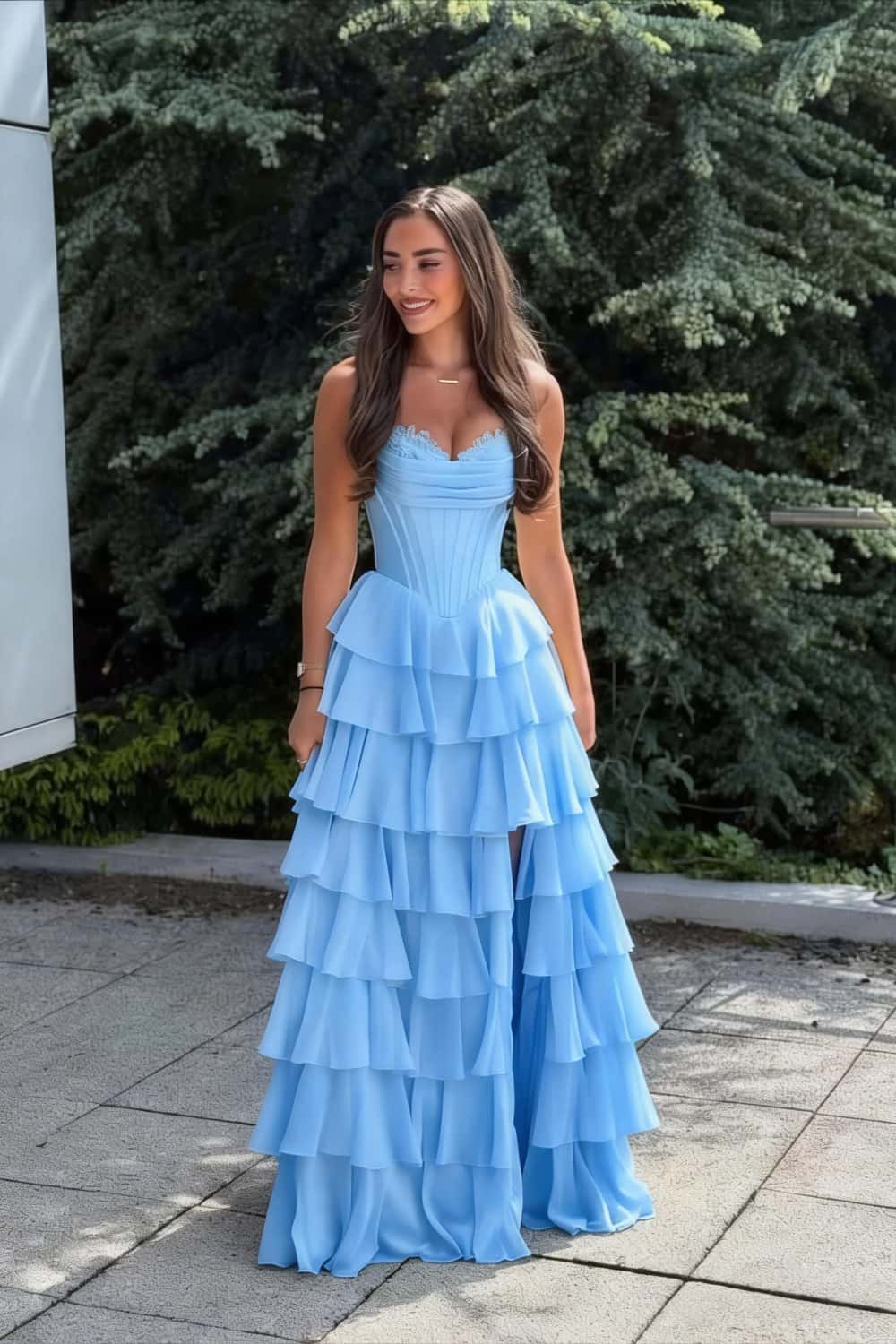 Blue Corset Chiffon Tiered Formal Gown