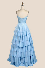 Blue Corset Chiffon Tiered Formal Gown