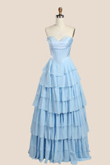 Blue Corset Chiffon Tiered Formal Gown