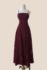 Burgundy Lace Cowl Neck A-line Long Dress