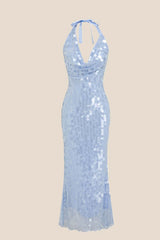Blue Sequin Cowl Neck Fitted Long Dress