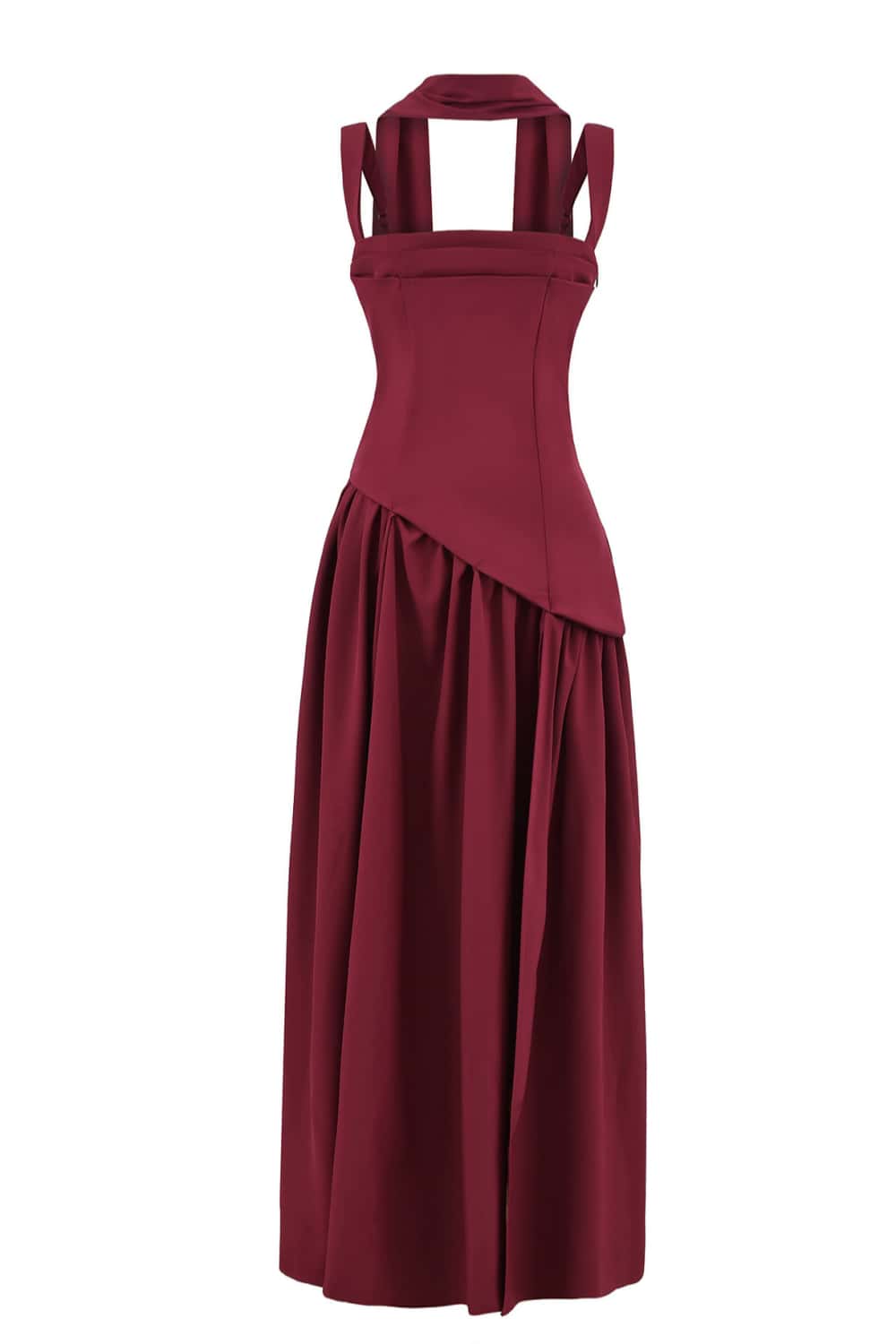 Burgundy Ruched Waist Maxi Dress with Scarf