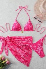 Blue Chiffon Print Three-Piece Bikini Set