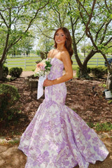 Blue Floral Jacquard Mermaid Long Prom Dress