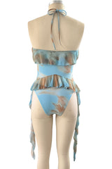 Blue Floral Fringe Tulle 3-Piece Bikini Set