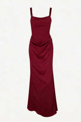 Brown Square Fitted Draped Long Dress