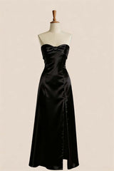 Black Satin Knot A-line Long Bridesmaid Dress