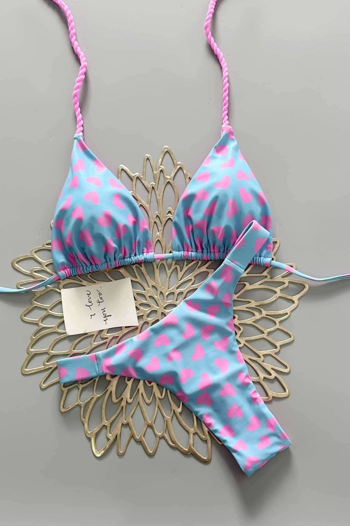Blue Heart-Print Backless Bikini Set