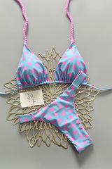 Blue Heart-Print Backless Bikini Set