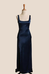 Black Satin Square Neck Fitted Long Bridesmaid Dress