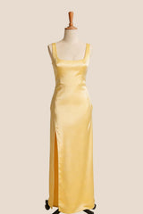 Black Satin Square Neck Fitted Long Bridesmaid Dress
