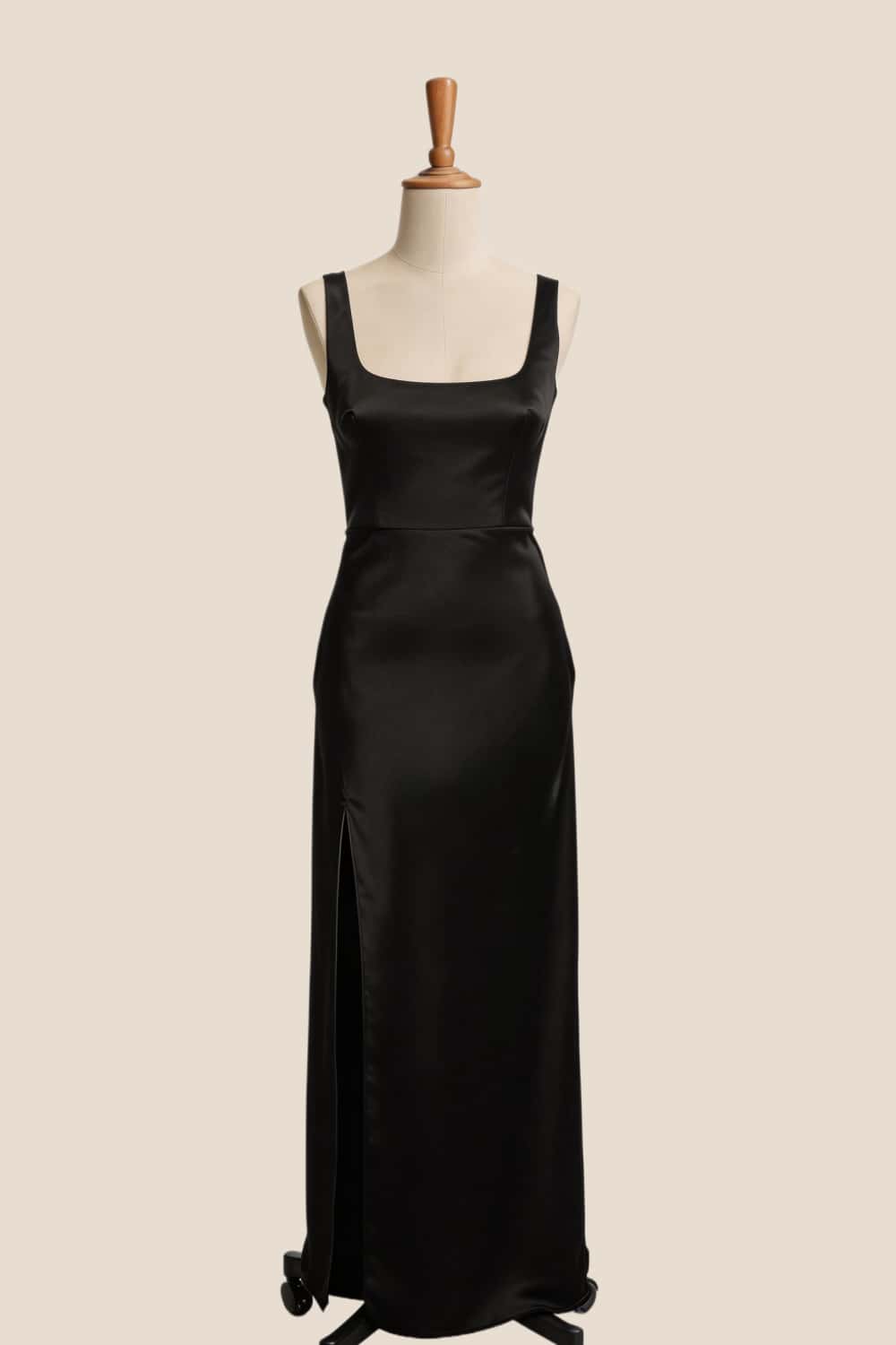 Black Satin Square Neck Fitted Long Bridesmaid Dress
