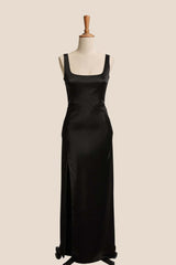 Black Satin Square Neck Fitted Long Bridesmaid Dress