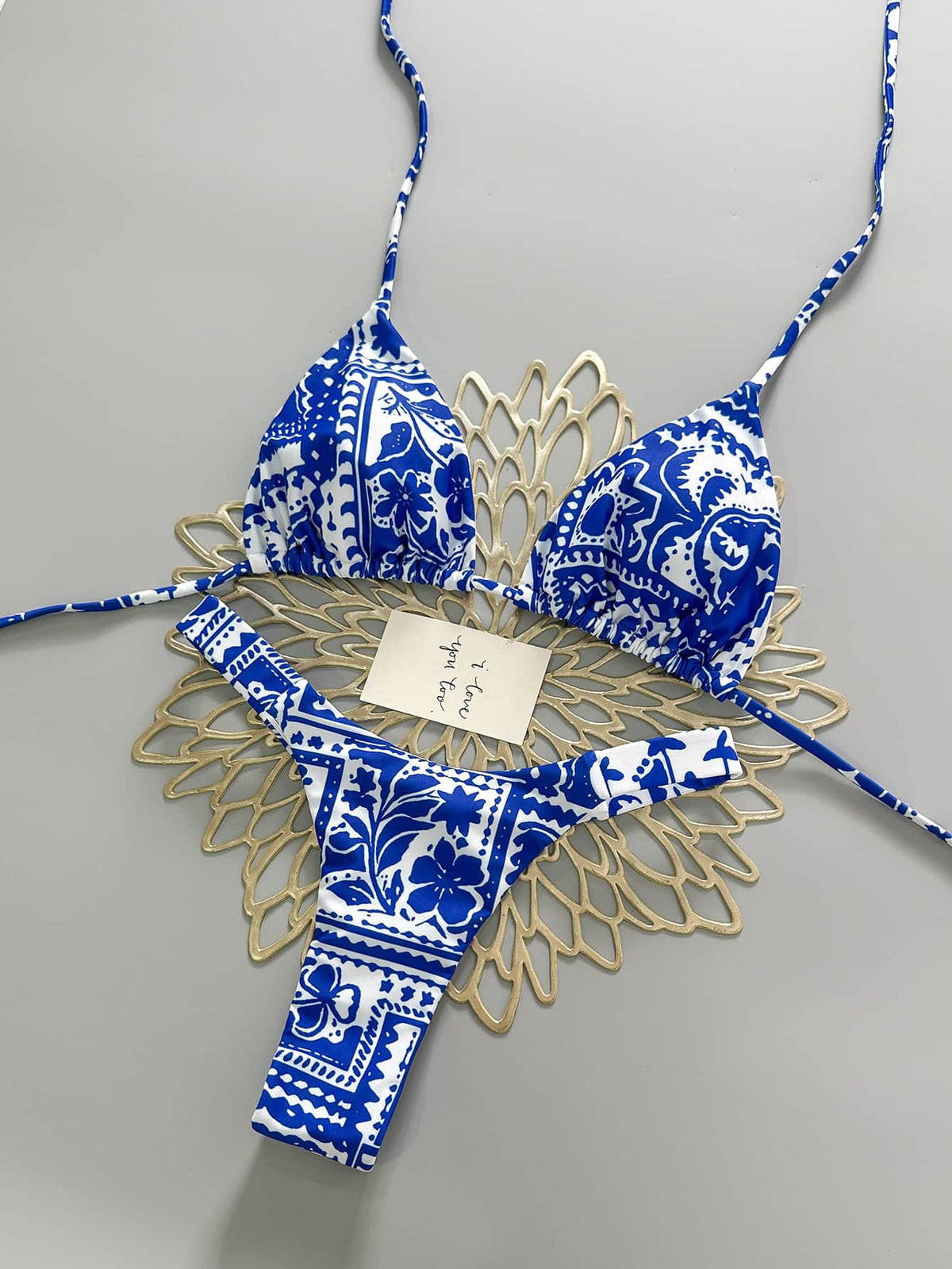 Blue Brint Lace-Up Bikini Set