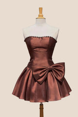 Brown Pearls A-line Short Dress with Bow