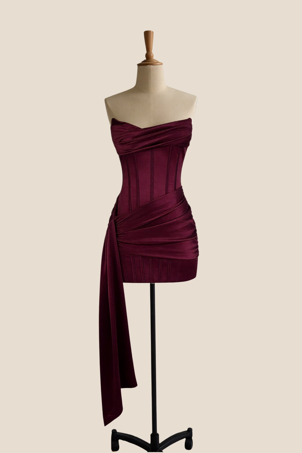 Burgundy Corset Tight Dress with Train