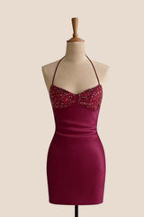 Burgundy Halter Beaded Fitted Short Dress