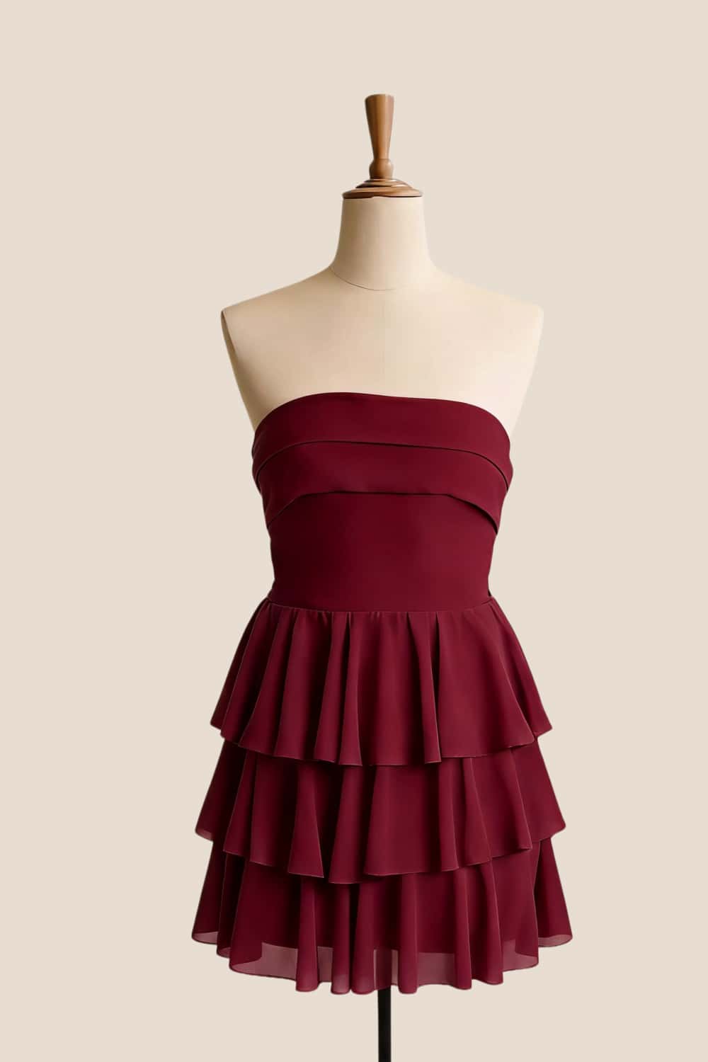 Burgundy Chiffon Tiered Short Dress